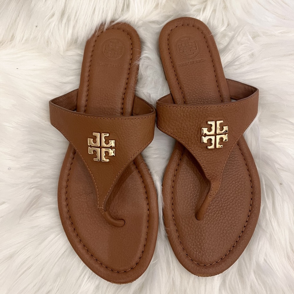 Tory Burch TB Jolie Flat Thong Sandal | Size 6.5 | Tan Leather